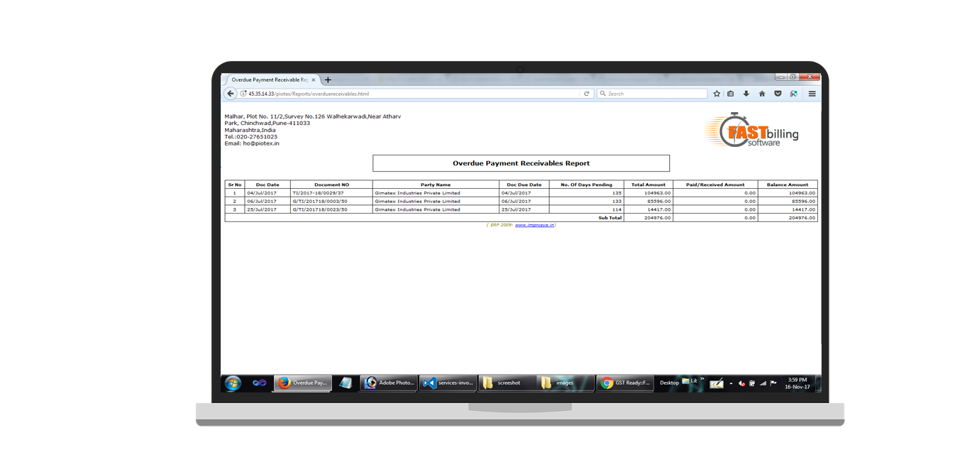 Services screenshot of invoice