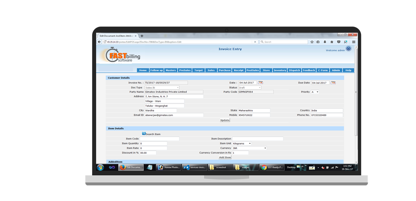 Trading screenshot of invoice